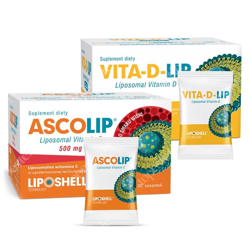 Ascolip Vita-D-LIP 1000 IU + Ascolip - Liposomal Vitamin C 500 mg ZESTAW Liposomalna witamina D 30 saszetek + Liposomalna witamina C 500 mg o smaku wiśni 30 x 5g
