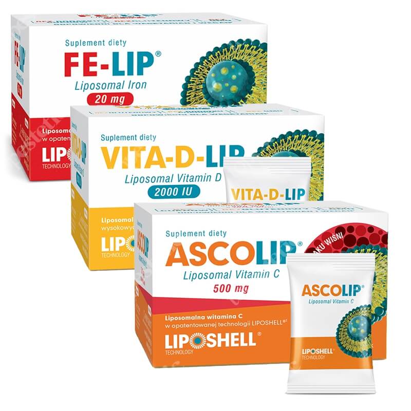 Ascolip Vitamin C 500 mg + Liposomal Iron + Vita-D-LIP 2000 IU ZESTAW Witamina C 500 mg o smaku wiśni 30 x 5g + Żelazo 20 mg o smaku truskawki 30 saszetek + Witamina D 30 saszetek