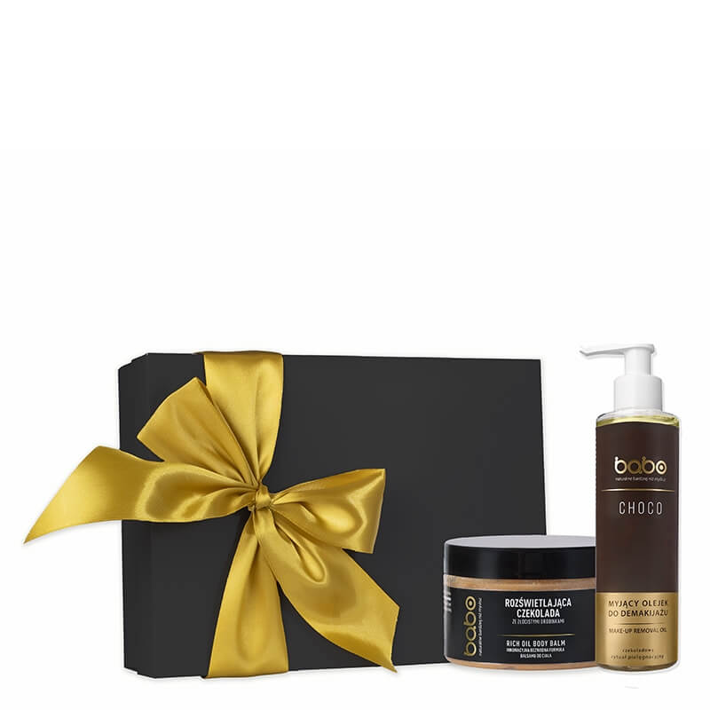 Babo Czekoladowy Rytuał Pielęgnacyjny ZESTAW Rozświetlająca czekolada ze złocistymi drobinkami 125 ml + Wygładza, regeneruje, odżywia 100 ml + ręcznik 1 szt