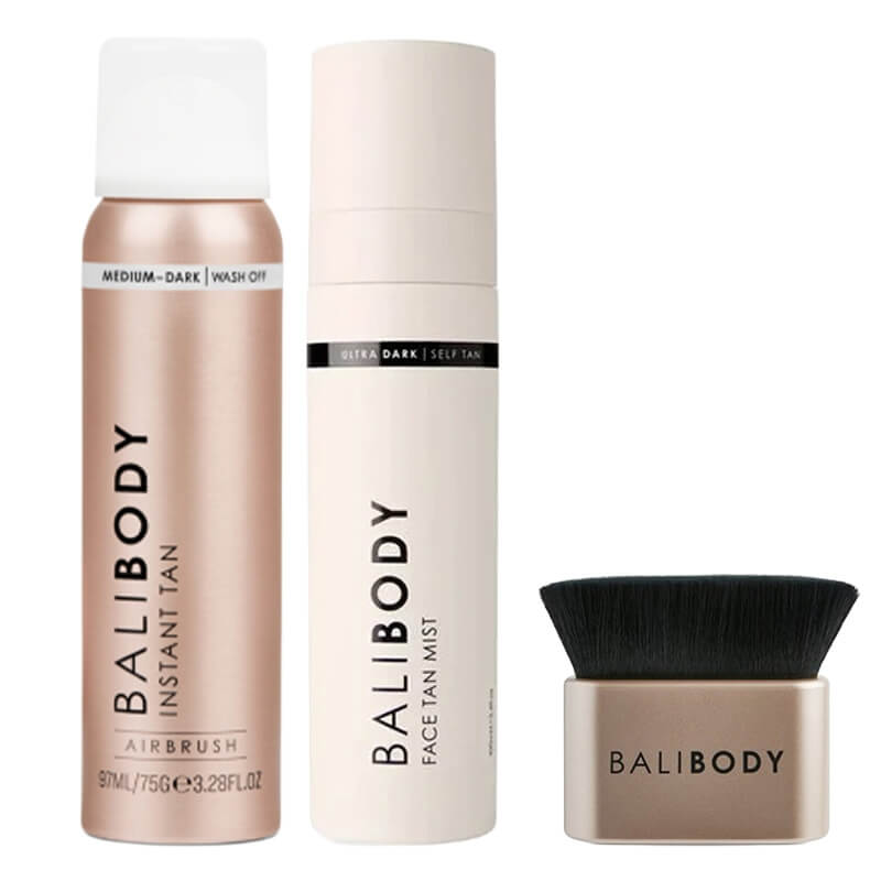 Bali Body Body Blending Brush + Instant Tan Medium - Dark + Face Tan Mist Ultra Dark ZESTAW Pędzel do aplikacji sprayu 1 szt + Spray (Medium-Dark) 97 ml + Mgiełka samoopalająca do twarzy (Ultra Dark) 100 ml