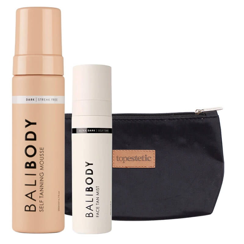 Bali Body Face Tan Mist Ultra Dark + Self Tanning Mousse + Kosmetyczka ZESTAW Mgiełka samoopalająca do twarzy (kolor Ultra Dark) 100 ml + Mus do samoopalania dla ciała 200 ml + Kosmetyczka 1 szt
