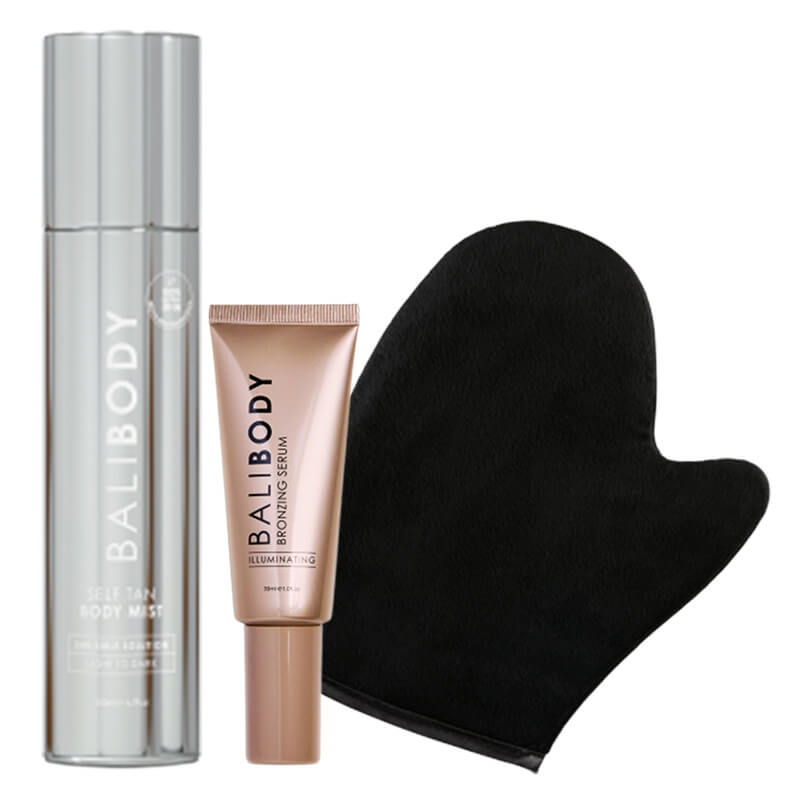 Bali Body Self Tan Body Mist + Bronzing Serum + Luxe Tanning Mitt ZESTAW Spray samoopalający do ciała 200 ml + Serum brązujące do twarzy 30 ml + Rękawica do aplikacji 1 szt