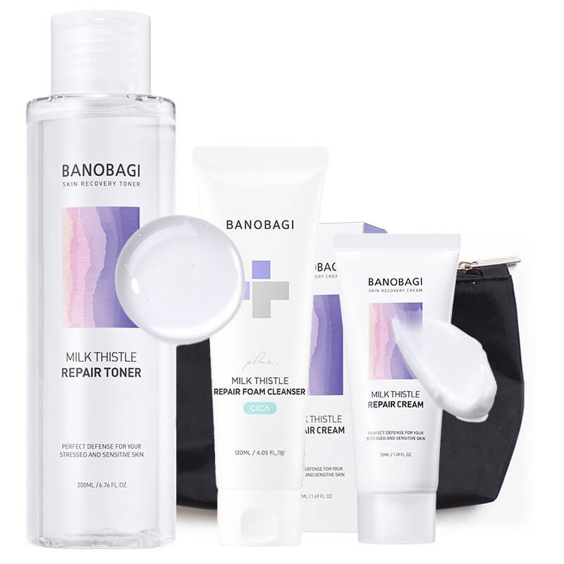 Banobagi Foam Cleanser + Repair Toner + Repair Cream ZESTAW Pianka 120 ml + Tonik naprawczy, kojący 200 ml + Krem naprawczy 50 ml + Kosmetyczka 1 szt