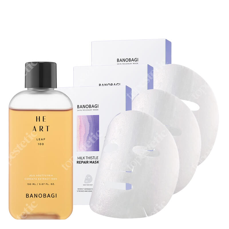 Banobagi Heart Leaf 100 Essence + Milk Thistle Repair Mask x 3 ZESTAW Esencja kojąca 150 ml + Maska w płachcie dla skór wrażliwych x 3