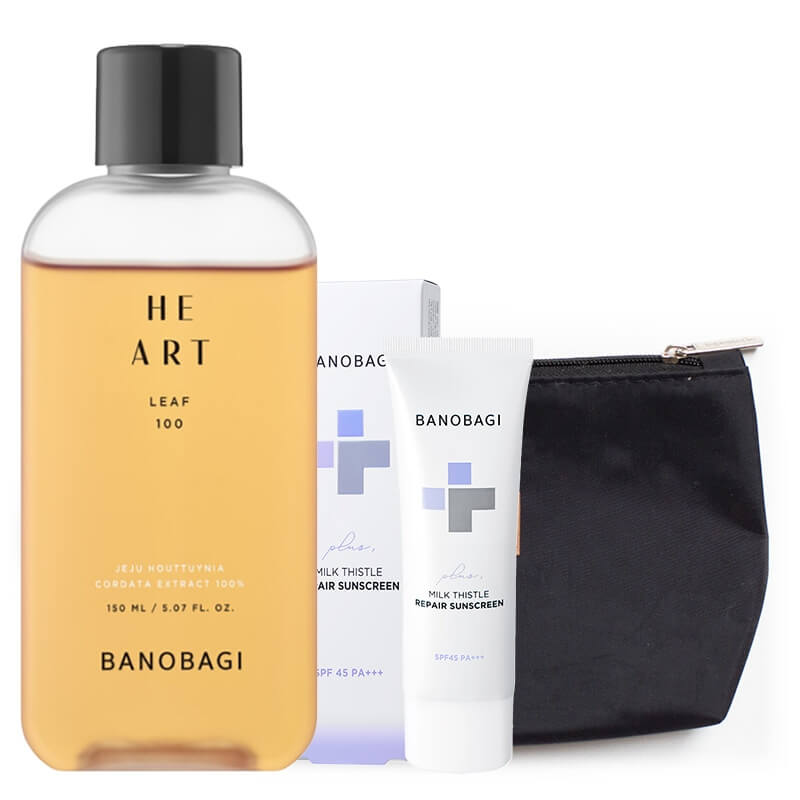 Banobagi Heart Leaf 100 Essence + Repair Sunscreen Plus SPF 45 PA+++ ZESTAW Esencja kojąca 150 ml + Krem łagodzący z filtrem 50 ml + Kosmetyczka 1 szt
