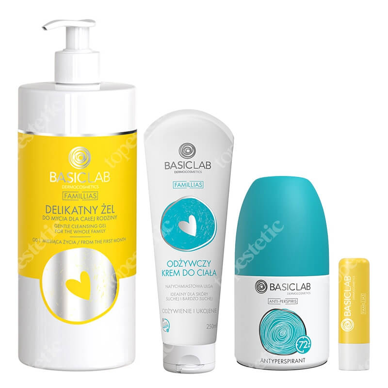 BasicLab Body Care Kit ZESTAW Delikatny żel do mycia dla całej rodziny 500 ml + Odżywczy krem do ciała 250 ml + Długotrwała ochrona przed nadmiernym poceniem 1 szt.