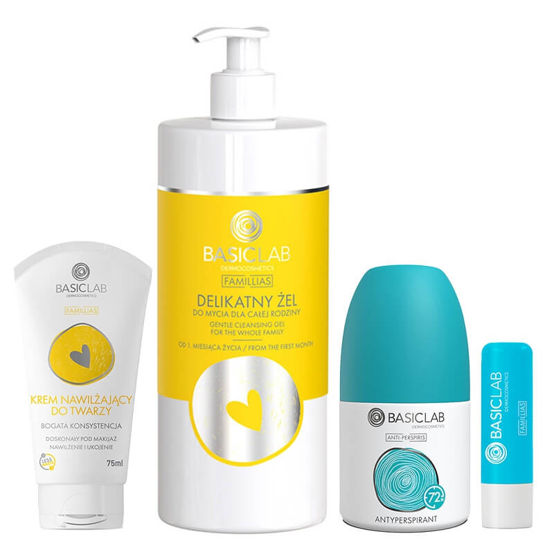 BasicLab Daily Care ZESTAW Delikatny żel do mycia dla całej rodziny 500 ml + Roll On 72H 1 szt. + Pomadka do ust 4g + Krem nawilżający 75 ml