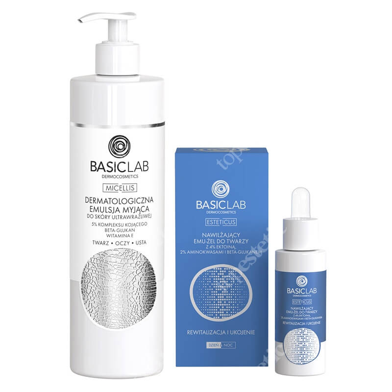 BasicLab Dermatological Puryfing Emulsion + Rewitalizacja I Ukojenie ZESTAW Emulsja myjąca do skóry ultrawrażliwej 300 ml + Nawilżający EMU - ŻEL do twarzy z 4% ektoiną, aminokwasami i beta glukanem 30 ml