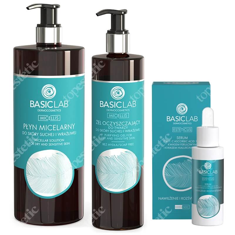 BasicLab Nawilżenie i Rozświetlenie ZESTAW Żel oczyszczający 300 ml + Płyn micelarny 500 ml + Serum z witaminą C 15 30 ml
