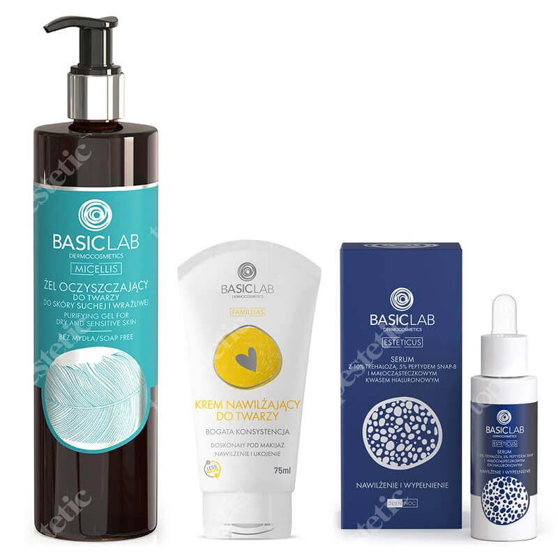 BasicLab Nawilżenie i Wypełnienie ZESTAW Żel oczyszczający skóra sucha 300 ml + Serum z Trehalozą 10% i Peptydem 5%, 30 ml + Krem nawilżający do twarzy -
