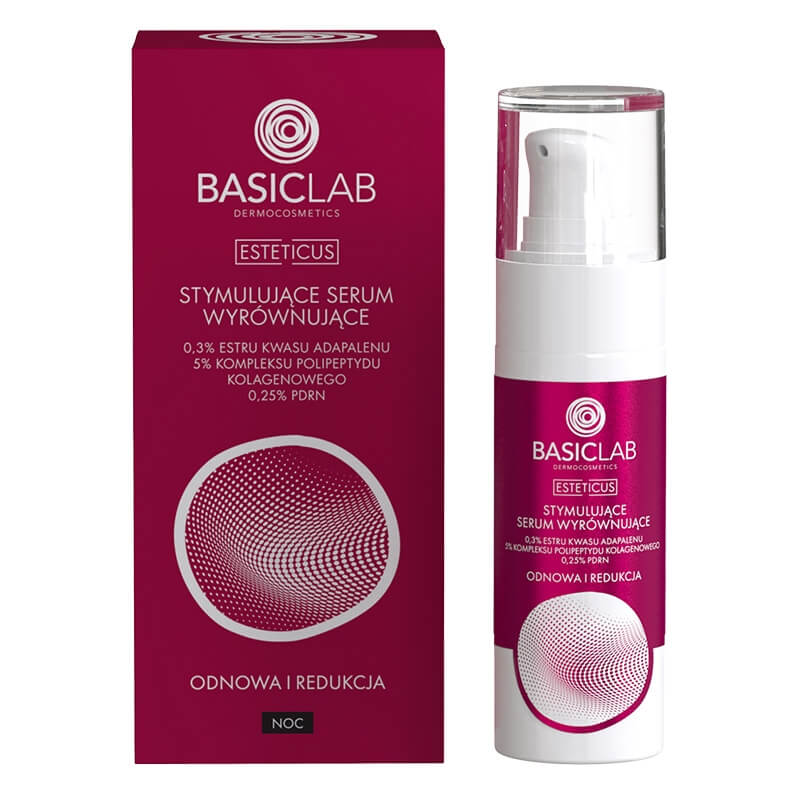 BasicLab Odnowa i Redukcja Stymulujące serum wyrównujące, 0,3% estru kwasu adapalenu, 5% kompleksu polipeptydu kolagenowego, 0,25% PDRN 30 ml