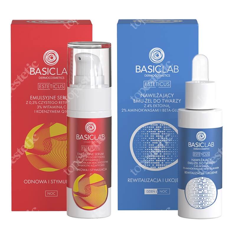 BasicLab Rewitalizacja i Ukojenie ZESTAW Nawilżający żel do twarzy 30 ml + Serum 0,3% retinolu , 3% witaminy C i koenzymem Q10, 30 ml