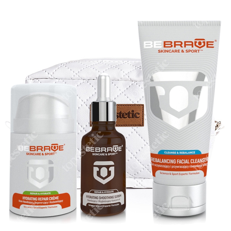 Be Brave Hydrating Smoothing Serum + Hydrating Repair Creme + Rebalancing Facial Cleanser + Kosmetyczka ZESTAW Nawilżający i wygładzający koncentrat 30 ml + Krem Nawilżający, regenerujący i rozświetlający 50 ml + Żel oczyszczający i przywrac