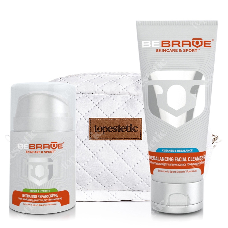 Be Brave Rebalancing Facial Cleanser + Hydrating Repair Creme + Kosmetyczka ZESTAW Żel oczyszczający i przywracający równowagę skóry 100 ml + Krem Nawilżający, regenerujący i rozświetlający 50 ml + Biała, pikowan