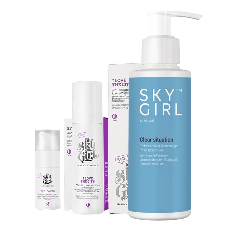 Be The Sky Girl Clear and Love Care ZESTAW Prebiotyczny żel do mycia twarzy 150 ml + Nawilżająco - ochronny krem miejski 50 ml + Przeciwzmarszczkowy krem pod oczy 15 ml