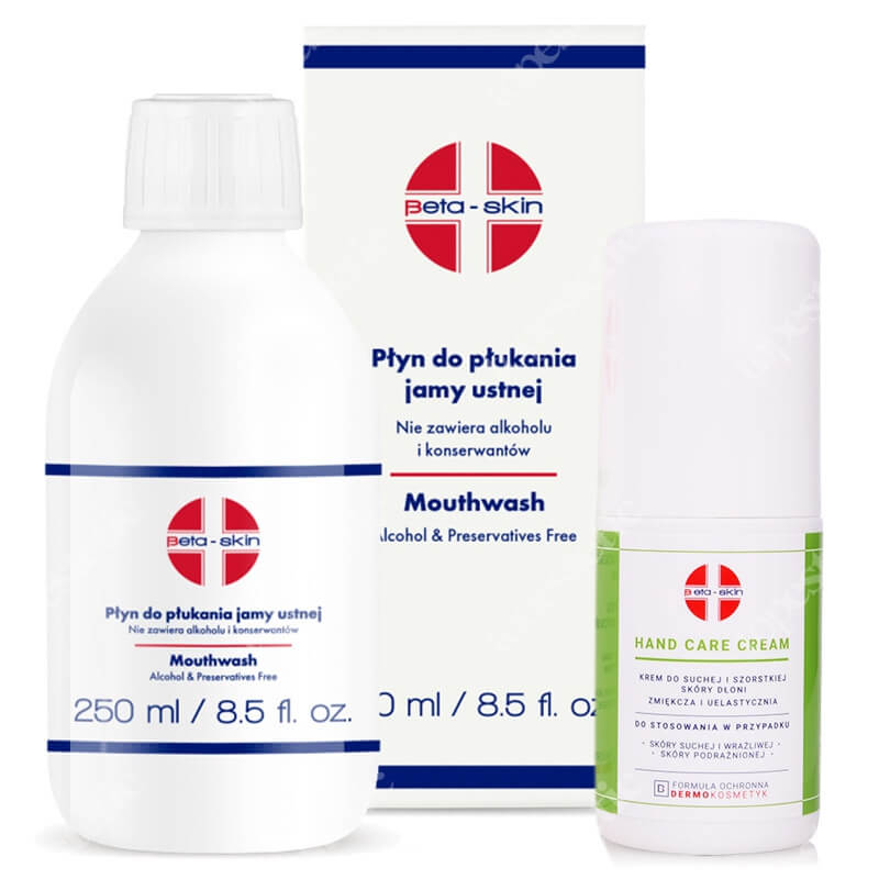 Beta Skin Mouthwash + Hand Care Cream ZESTAW Płyn do higieny jamy ustnej z cynkiem i srebrem 250 ml + Krem do suchej i szorstkiej skóry dłoni 75 ml