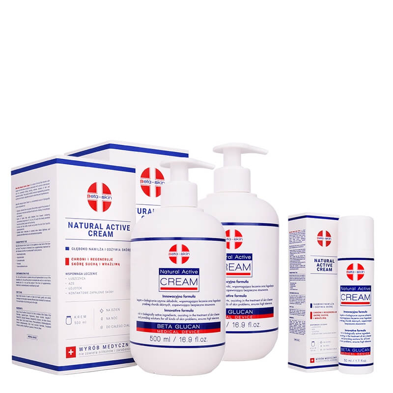 Beta Skin Natural Active Cream Set ZESTAW Krem łagodzący przebieg chorób skórnych 500 ml x 2 + Krem łagodzący przebieg chorób skórnych 50 ml