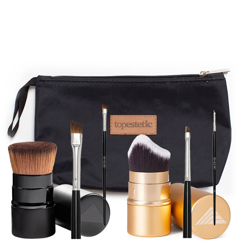 Bikor Brush Mega Set ZESTAW Pędzel do pudru 1 szt + Pędzelek do kresek 1 szt + Pędzel do stylizacji brwi 1 szt + Pędzel 3D wysuwany 1 szt + Kosmetyczka 1 szt