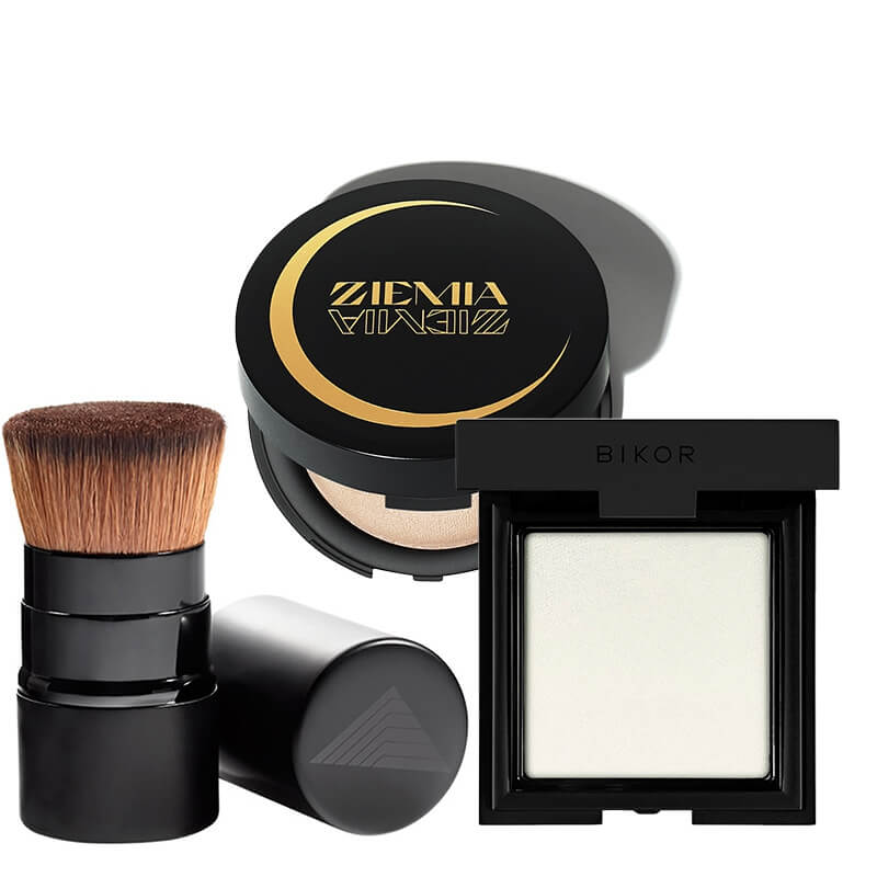 Bikor Glass Skin Effect ZESTAW Puder Transparentny Tokyo 8 g + Pędzel do pudru Oslo + Ziemia rozświetlająca 10 g