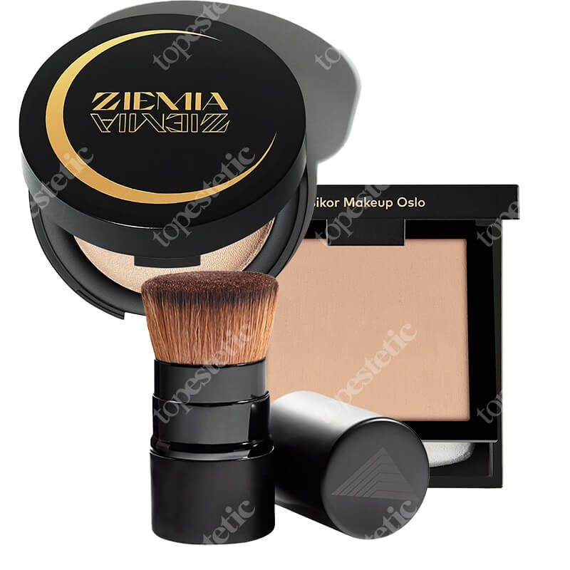 Bikor Shiny Skin Set ZESTAW Ziemia rozświetlająca 10 g + Puder - N°6 Deep honey (brzoskwiniowy) 8 g + Pędzel do pudru Oslo