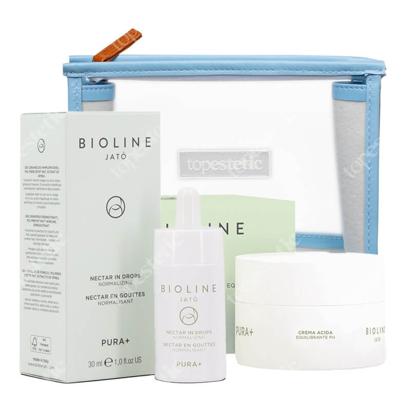 Bioline Jato Pura+ Set ZESTAW Nektar w kroplach Normalizujący 30 ml + Krem kwaśny równoważący pH 50 ml + Przezroczysta komsetyczka 1 szt