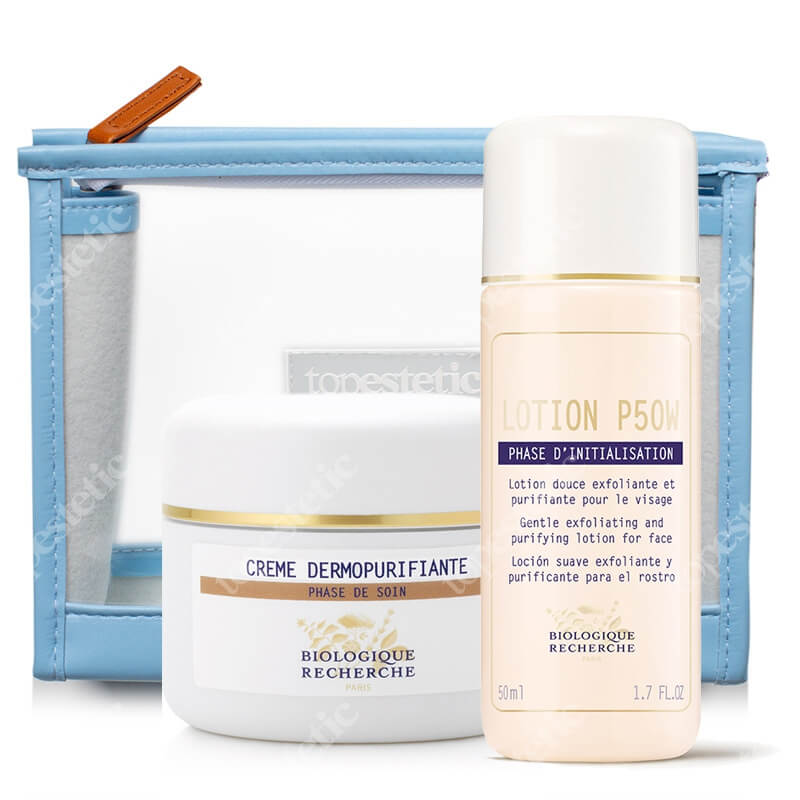 Biologique Recherche Creme Dermopurifiante + Lotion P50W ZESTAW Oczyszczający krem do cery trądzikowej 50 ml + Złuszczający lotion p50W do skóry wrażliwej 50 ml + Kosmetyczka Topestetic