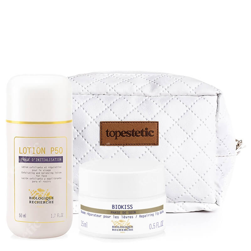 Biologique Recherche Lotion P50 + Biokiss ZESTAW Złuszczający lotion do skóry tłustej 50 ml + Odżywczy balsam do ust 15 ml + Kosmetyczka