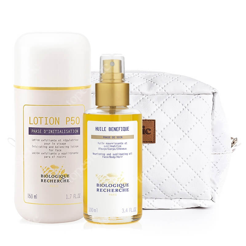Biologique Recherche Lotion P50 + Huile Benefique ZESTAW Złuszczający lotion do skóry tłustej 150 ml + Suchy olejek do ciała 100 ml + Torba 1 szt