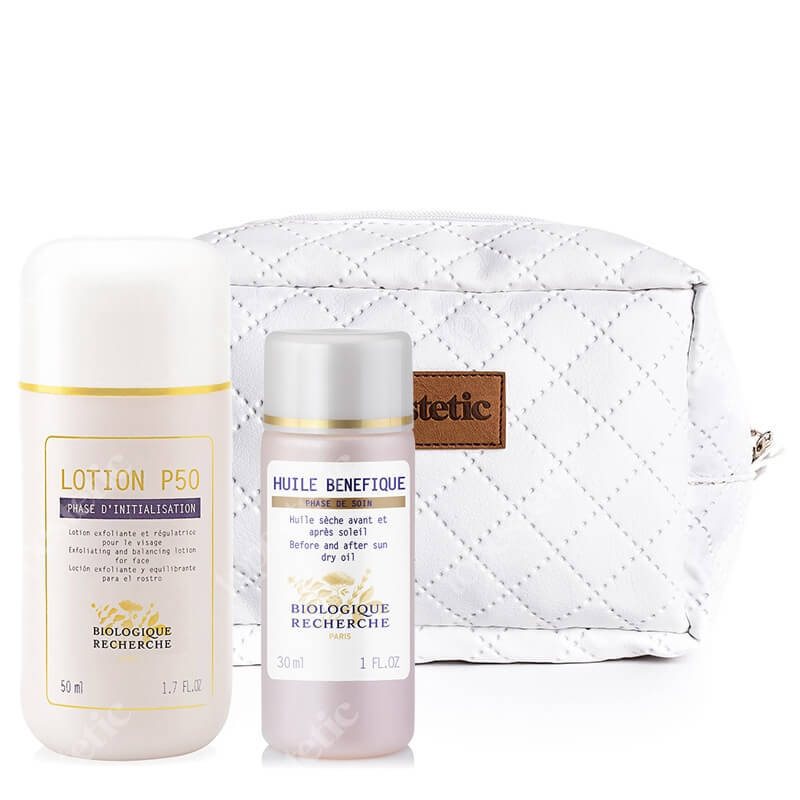 Biologique Recherche Lotion P50 + Huile Benefique ZESTAW Złuszczający lotion do skóry tłustej 50 ml + Suchy olejek do ciała 30 ml + Komsetyczka