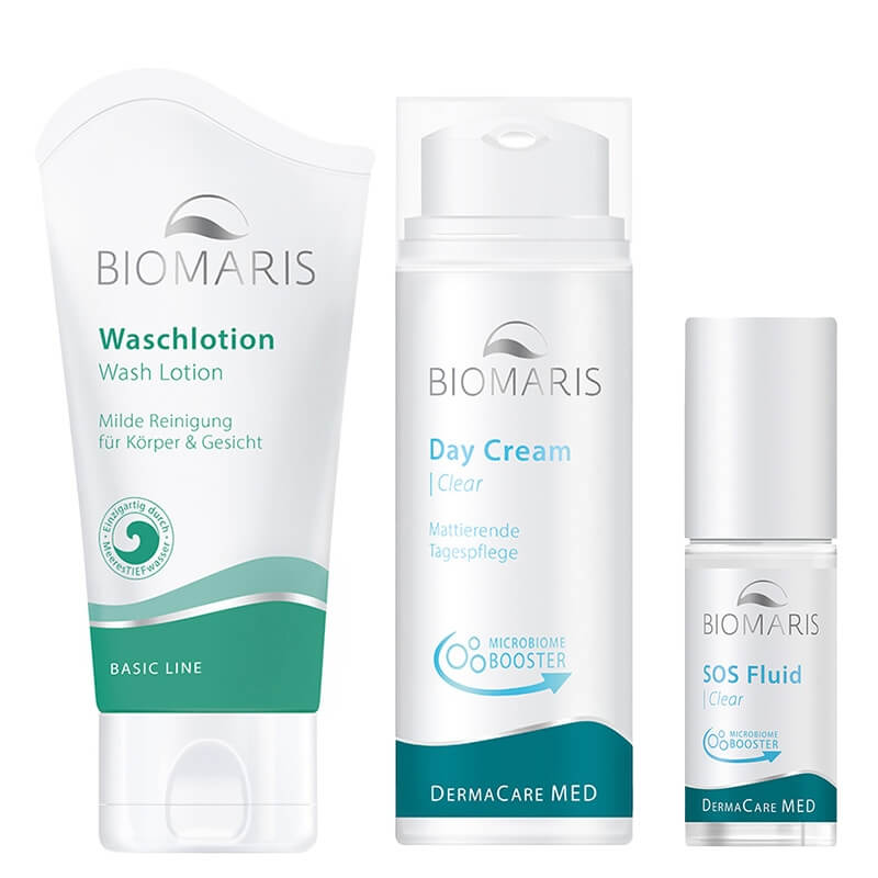 Biomaris Day Cream Clear + SOS Fluid Clear  + Wash Lotion ZESTAW Matujący krem-żel na dzień 50 ml + Roll-on punktowy na niedoskonałości 5 ml + Łagodny żel myjący 50 ml
