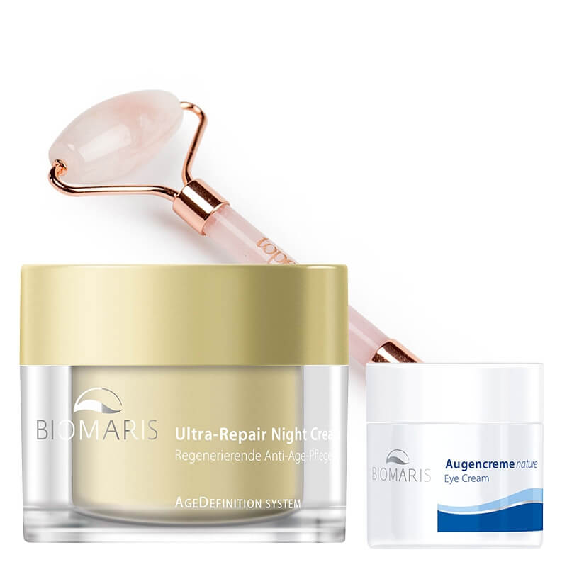 Biomaris Eye Cream + Night Cream + Roller Topestetic ZESTAW Krem pod oczy 15 ml + Ultranaprawczy krem na noc do skóry suchej 50 ml + Roller różowy kwarc 1 szt