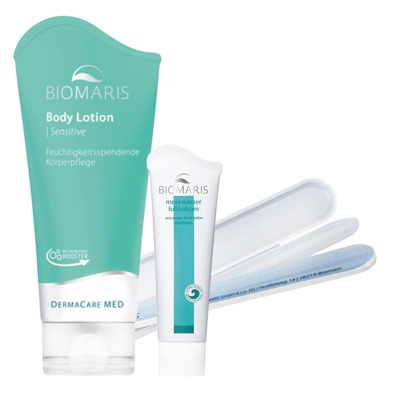 Biomaris Sea Water Foot Balm Emulsion + Body Lotion Sensitive ZESTAW Balsam do pielęgnacji suchej skóry stóp 75 ml + Nawilżające mleczko do ciała dla skóry suchej  i wrażliwej 200 ml + Pilnik 1 szt