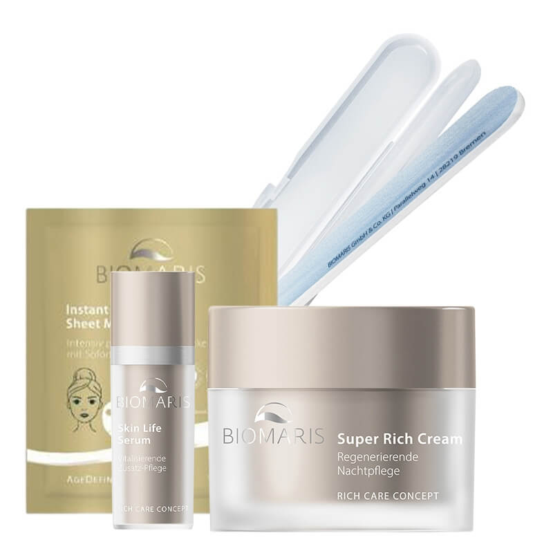 Biomaris Sheet Mask + Skin Life Serum + Super Rich Cream ZESTAW Maska w płacie 18 ml + Serum zwiększające gęstość skóry 30 ml + Krem odżywczy bezzapachowy 50 ml + Pilnik 1 szt