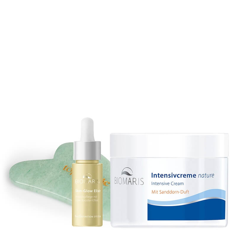 Biomaris Skin-Glow Elixir + Intensive Cream + Gua Sha Topestetic ZESTAW Serum z efektem Glow Booster 15 ml + Krem odżywczy z rokitnikiem 50 ml + Gua sha jadeit 1 szt
