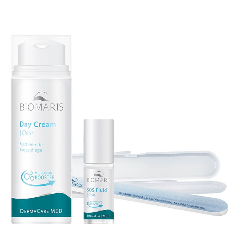 Biomaris SOS Fluid Clear  + Day Cream Clear ZESTAW Roll-on punktowy na niedoskonałości 5 ml + Matujący krem-żel na dzień 50 ml + Pilnik 1 szt