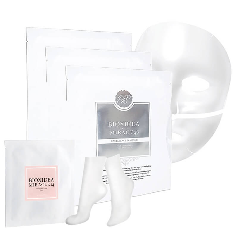 Bioxidea Mirage 48 Excellence Diamond x 3 + Miracle 24 Foot Mask ZESTAW Maska na twarz nawilżająco - kojąca 1 szt. x 3 + Maska na stopy 1 szt.