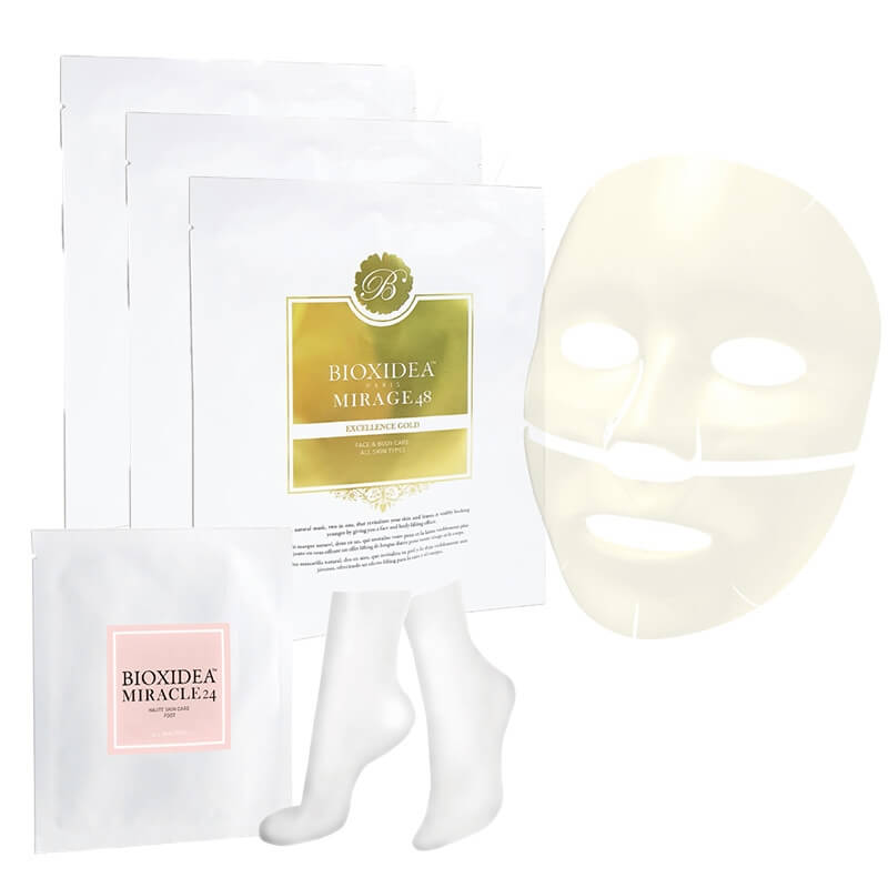 Bioxidea Mirage 48 Excellence Gold x 3 + Miracle 24 Foot Mask ZESTAW Maska do twarzy nawilżająco - przeciwstarzeniowa 1 szt x 3 + Maska na stopy 1 szt.
