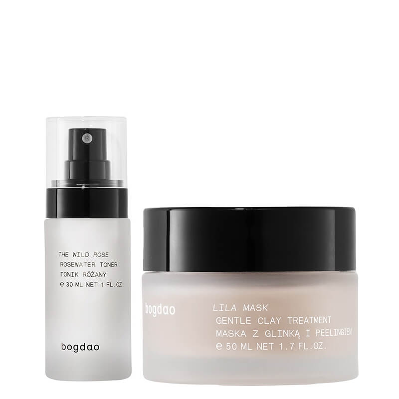 Bogdao The Wild Rose + Lila Mask ZESTAW Nawilżający tonik różany 30 ml + Maska z glinką i peelingiem 50 ml