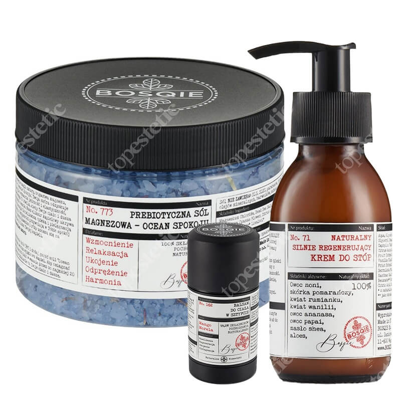 Bosqie Bath Salt + Body Balm Stick + Foot Cream ZESTAW Sól - Ocean Spokoju 500 g + Balsam w sztyfcie - mango i morela 75 g + Regenerujący krem do stóp 90 ml