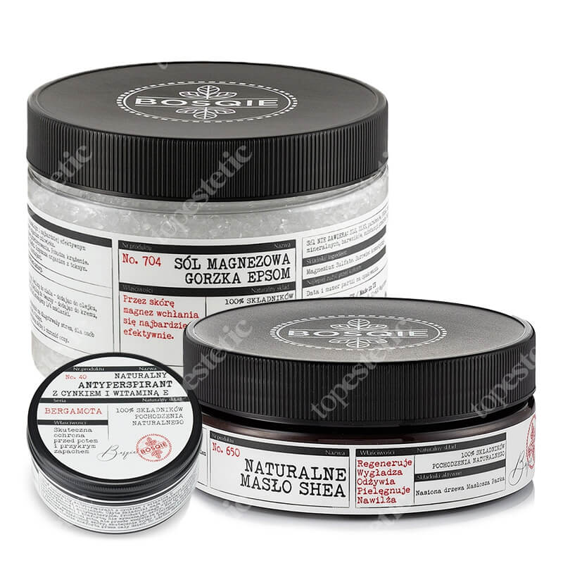 Bosqie Bath Salt + Body Butter + Antiperspirant ZESTAW Sól magnezowa gorzka - EPSOM 450 g + Naturalne masło Shea 200 g + Antyperspirant z cynkiem i witaminą E 100 g