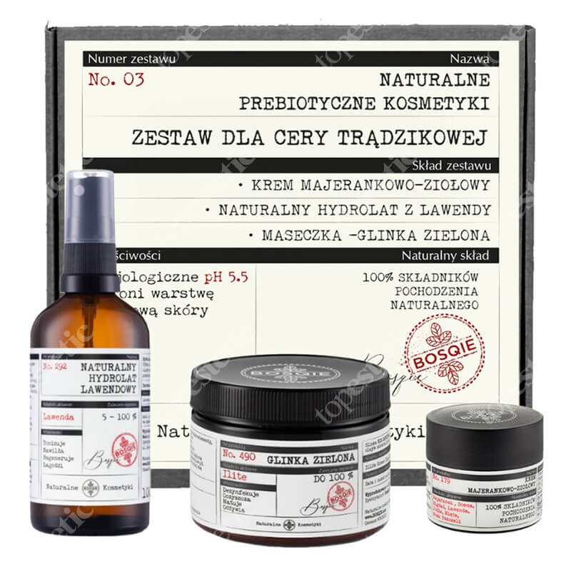 Bosqie Cera Trądzikowa No.03 ZESTAW Hydrolat lawendowy 100 ml + Glinka zielona 150 g + Krem majerankowo-ziołowy 8 g