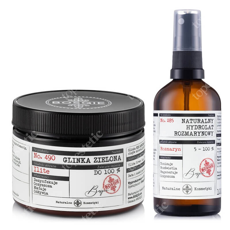 Bosqie Green Clay No.490 + Rosemary Hydrolate No.285 ZESTAW Glinka zielona 150 g + Naturalny hydrolat rozmarynowy 100 ml