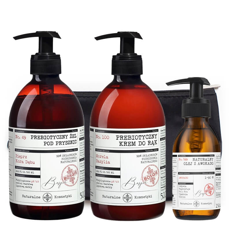 Bosqie Hand Cream + Shower Gel + Avocado Oil ZESTAW Krem do rąk - Morela i bazylia 500 ml + Żel - pieprz i kora dębu 500 ml + Olej z pestek Awokado 150 ml + Kosmetyczka 1 szt