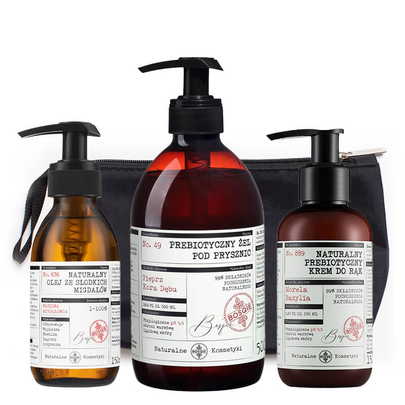 Bosqie Hand Cream + Shower Gel + Sweet Almonds Oil ZESTAW Krem do rąk - Morela i bazylia 150 ml + Żel - Pieprz i kora dębu 500 ml + Olej ze Słodkich Migdałów 150 ml + Kosmetyczka 1 szt