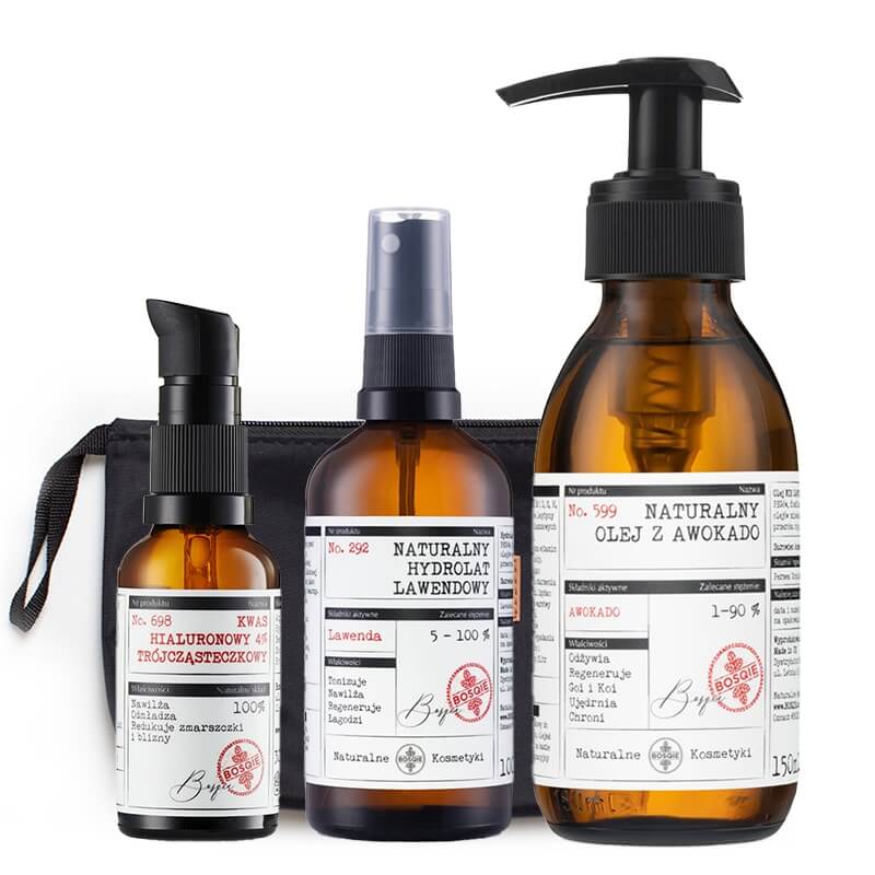 Bosqie Lavender Hydrolate + Hyaluronic Acid + Avocado Oil ZESTAW Hydrolat lawendowy 100 ml + Kwas hialuronowy 30 ml + Olej z pestek Awokado 150 ml + Kosmetyczka 1 szt