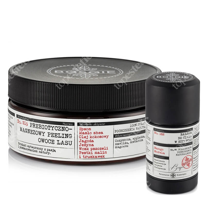 Bosqie Magnesium Peeling No.209 + Natural Body Balm Stick No. 162 ZESTAW Prebiotyczno-magnezowy peeling - Owoce Lasu 300 g + Balsam do ciała w sztyfcie - mango i morela 75 g