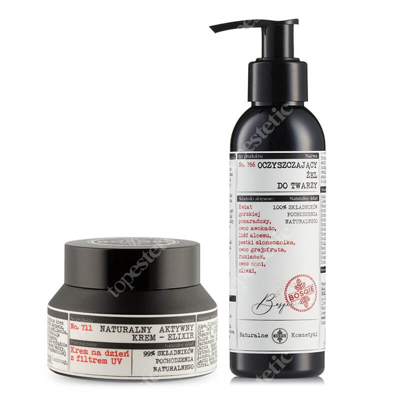 Bosqie Natural Cleansing Gel + Cream Elixir ZESTAW Oczyszczający żel do mycia twarzy 150 ml + Naturalny aktywny krem na dzień 50 ml