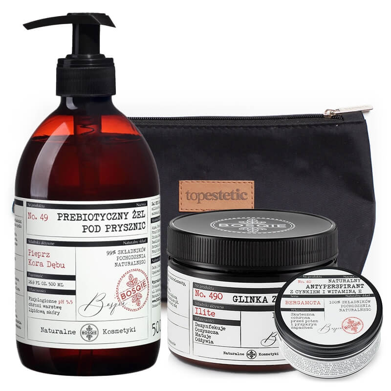 Bosqie Shower Gel + Green Clay + Natural Antiperspirant ZESTAW Żel pod prysznic - pieprz i kora dębu 500 ml + Glinka zielona 150 g + Antyperspirant 100 ml + Kosmetyczka 1 szt