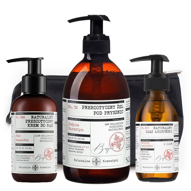 Bosqie Shower Gel + Hand Cream + Abyssinian Oil ZESTAW Żel - jeżyna i bursztyn 500 ml + Krem do rąk 150 ml + Olej abisyński 150 ml + Kosmetyczka 1 szt