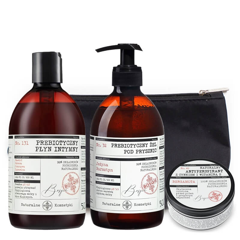 Bosqie Shower Gel + Intimate Fluid + Natural Antiperspirant ZESTAW Żel - jeżyna i bursztyn 500 ml + Prebiotyczny płyn intymny 500 ml + Antyperspirant 100 g + Kosmetyczka 1 szt